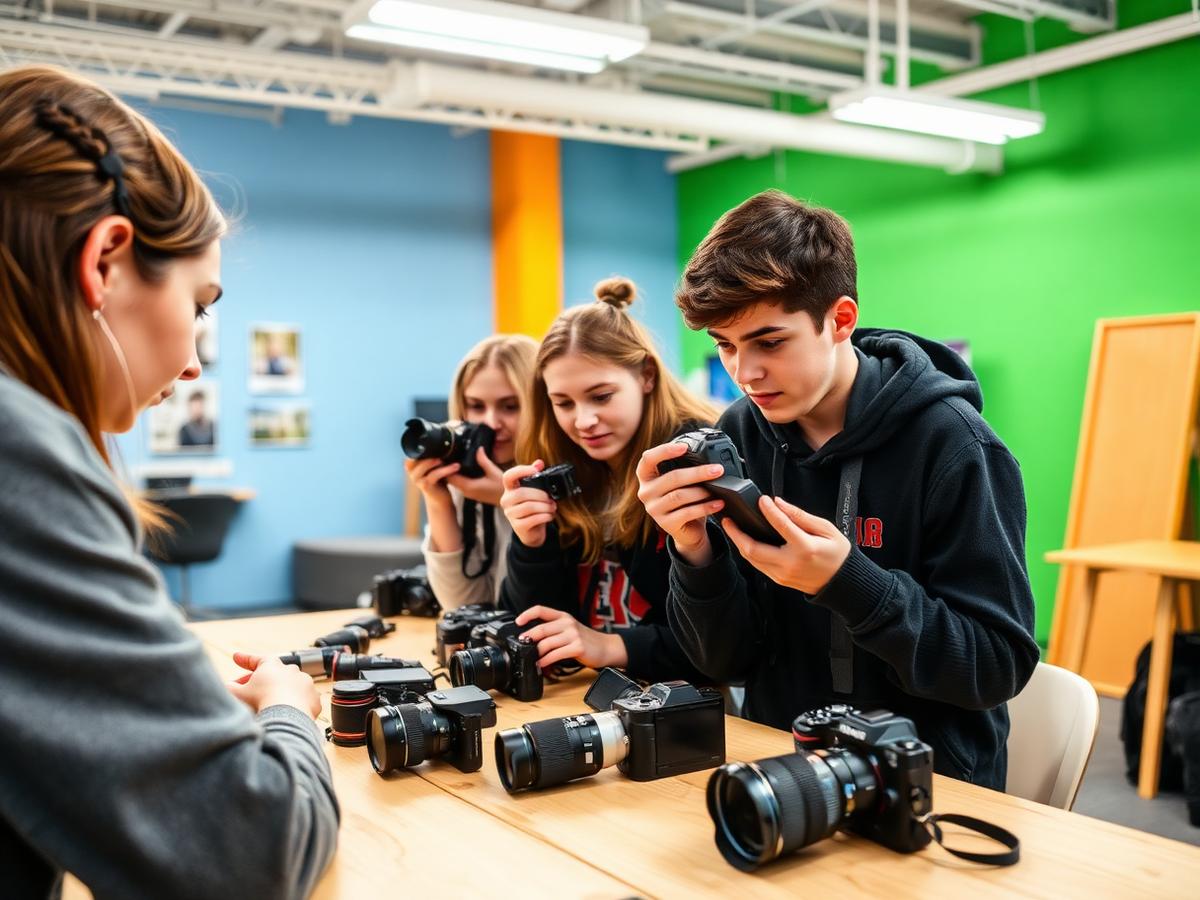 Jugendliche im Fotografie-Workshop begutachten Kameras